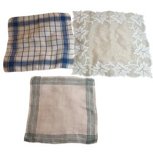 Vintage Linen Blend Handkerchiefs Napkins Set of 3 Plaid Floral Lace